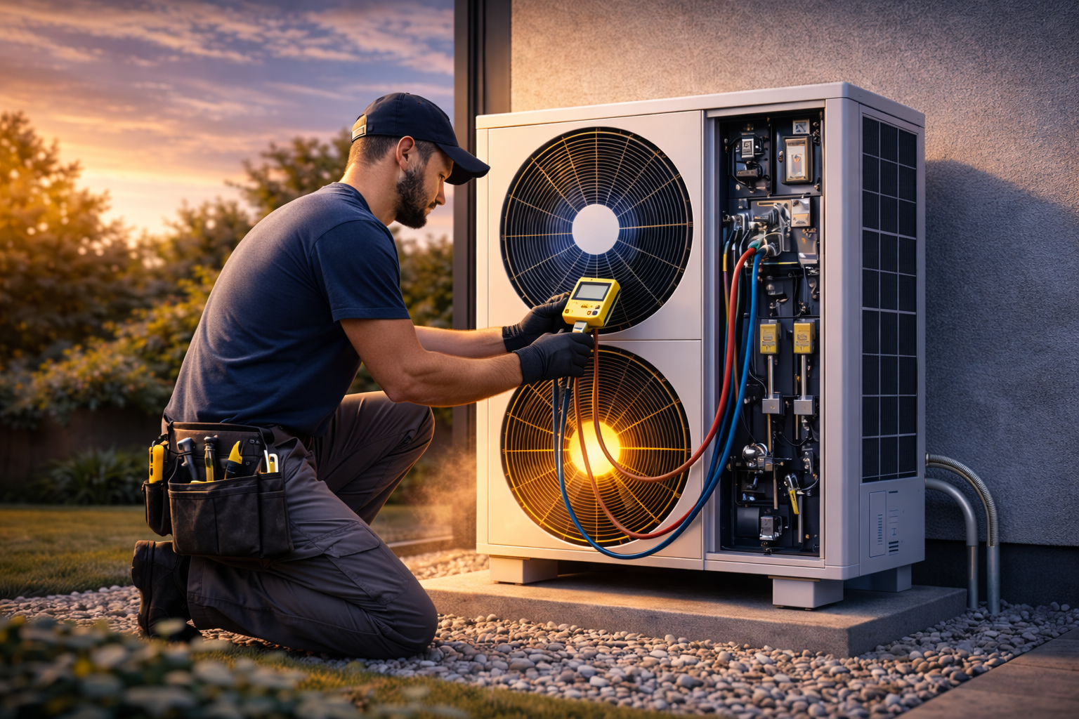 Servis a údržba tepelného čerpadla – technik pri kontrole jednotky